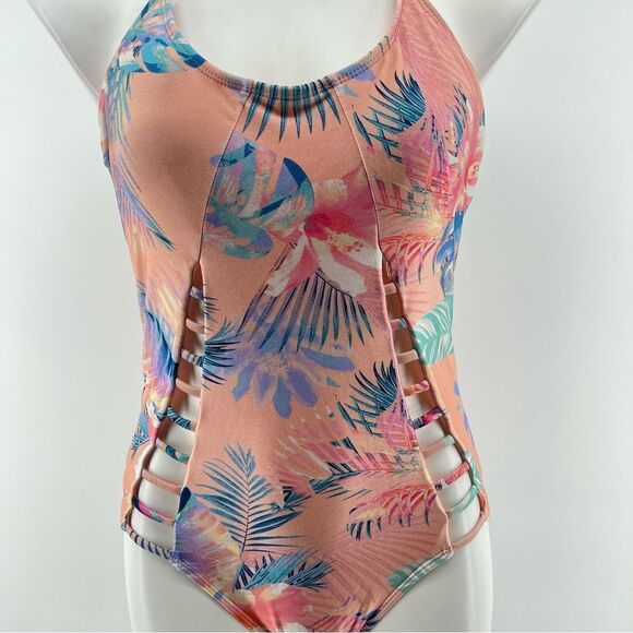 No Boundaries Rose Mist Tropical Palm Floral Cutout One Piece Swimsuit Large - Picture 4 of 16